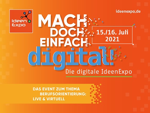 Orangefarbener Flyer der digitalen Ideenexpo mit Daten und Fakten